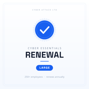 Cyber Essentials annual renewal certification badge for large organisations (250+ employees)