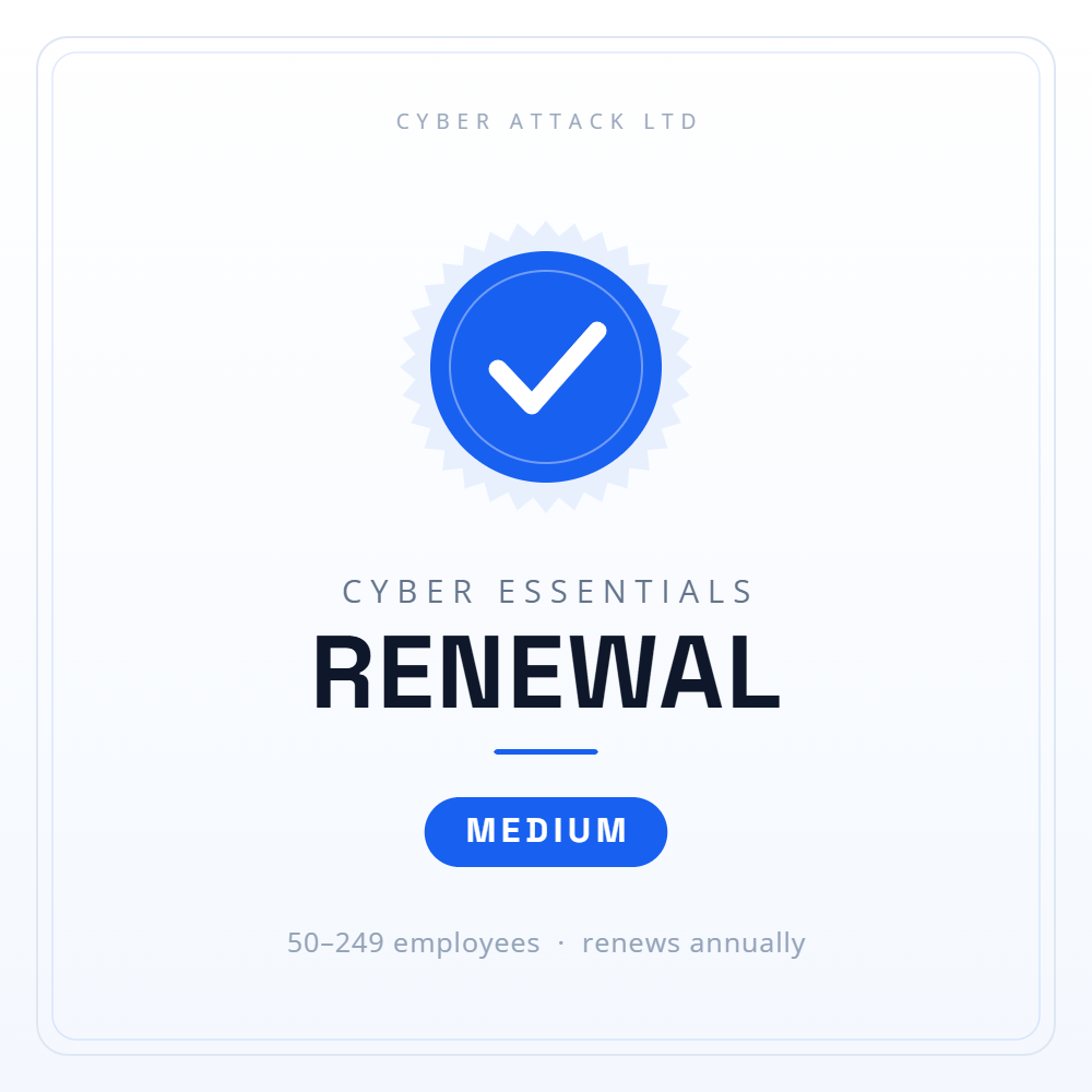 Cyber Essentials annual renewal certification badge for medium organisations (50–249 employees)